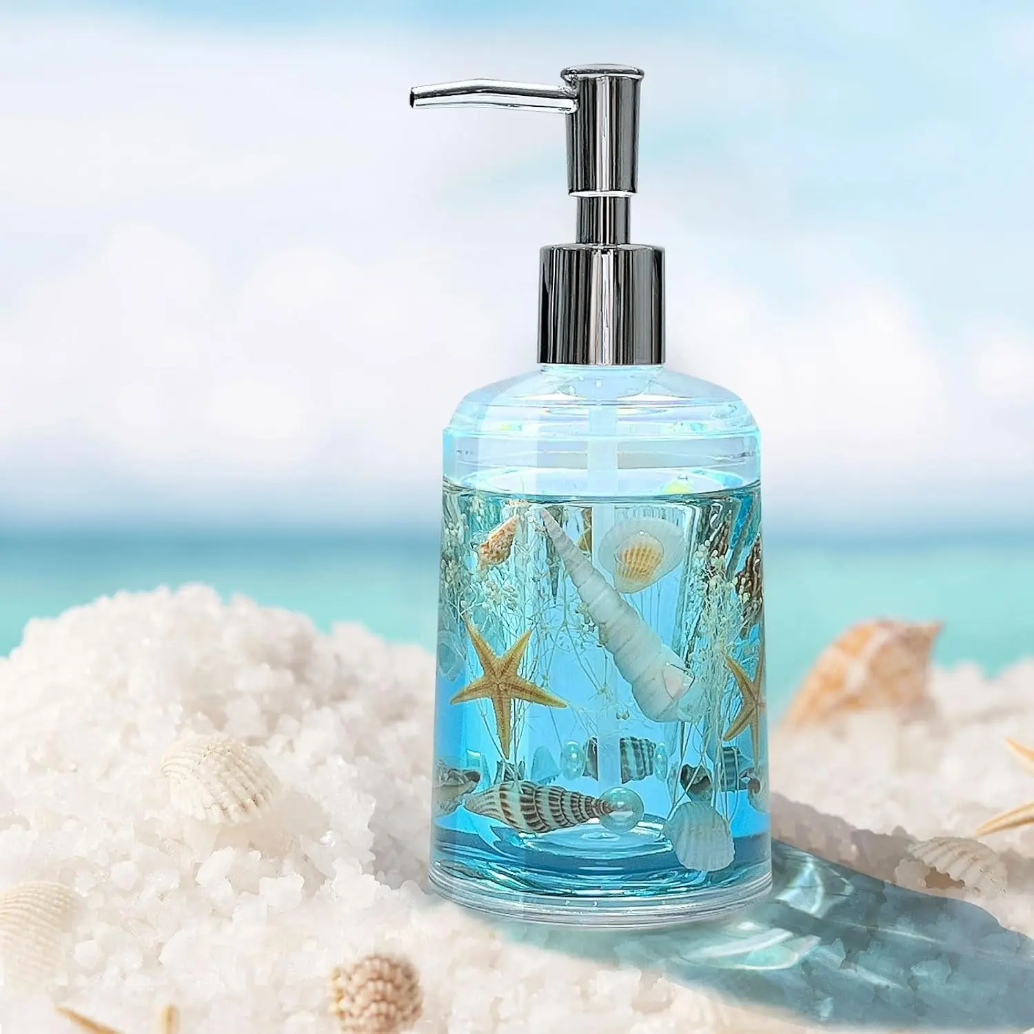 Handmade Acrylic Soap Dispenser with Pump, Natural Seashell Design, Refillable Liquid Dispenser for Bathroom and Kitchen - Soap, Dish Soap, Lotion (Blue)Gift