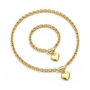 Heart Pendant Necklace Bracelet Set for Women Chunky O Link Toggle Clasp Jewelry Set Minimalist Classic Accessory for Daily Dating Beach Party Wedding Holiday All Season Trendy Stackable Gift for Ladies Girls Birthday Present