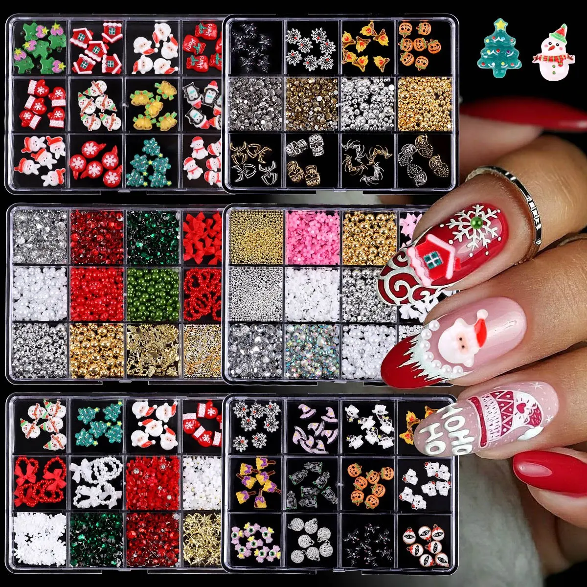 Christmas & Halloween Nail Art Resin Charm Set, Santa, Penguin, Snowman, Tree, Ghost, Pumpkin, Bat, DIY Nail Decorations