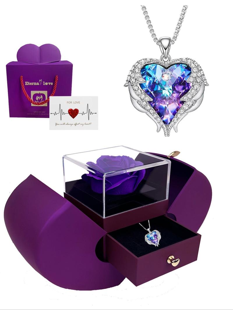 Valentine's Day Women's Artificial Gemstone & Rhinestone Decor Pendant Necklace with Rose Gift Box, Fashionable Heart Shaped Necklace for Women & Girls, Suitable As Gift, Jewelry, Mother's Day Gifts, Gift Set for Mothers, Gifts for Her