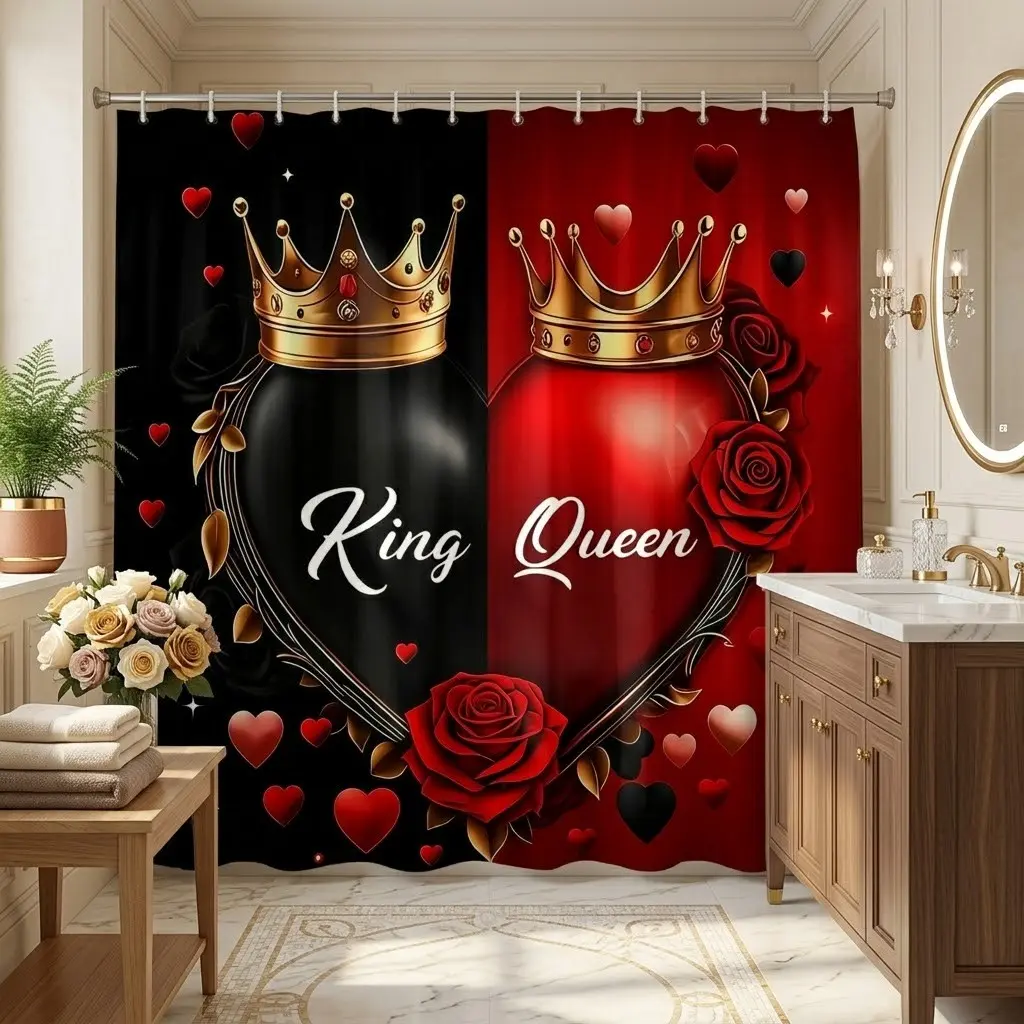 1pcs Valentine's Day King And Queen Split Heart Shower Curtain, Aesthetic Shower Curtain, Black Red Dual Tone Hearts With Golden Crowns, Red Roses Romantic Print, Couple Holiday Art Fabric Curtain For Romantic Household Bathroom Decor