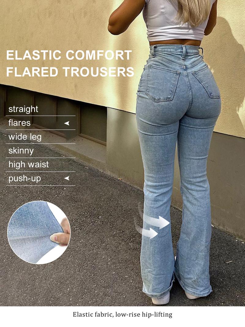 Women's Light Blue Washed Slim Fit Flare Jeans, Fashionable Comfortable Casual Denim Jeans, All Season Wear, Trendy Ladies' Clothing