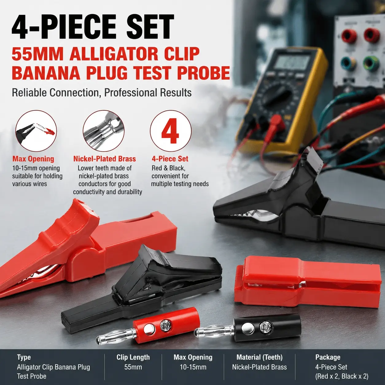 Professional 55mm Alligator Clip Set with Banana Plugs, High-Conductivity Copper Spring Test Leads for Multimeter, Insulated Electronic Circuit Repair Tools Kit