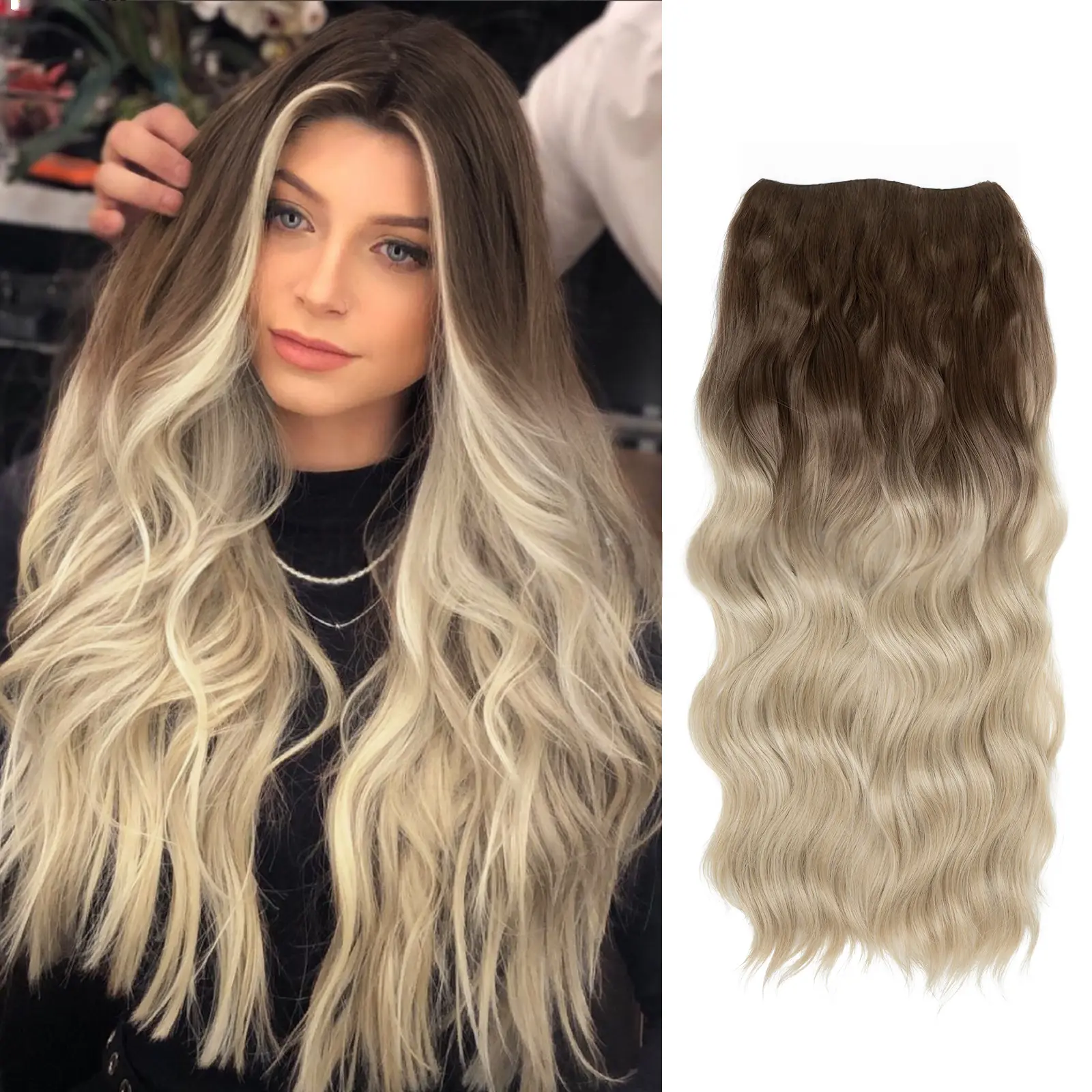 4-Piece High-Temperature Synthetic Silk Long Wavy Hair Extensions Set, Fashion Accessory Hair Replacement Wig Pieces