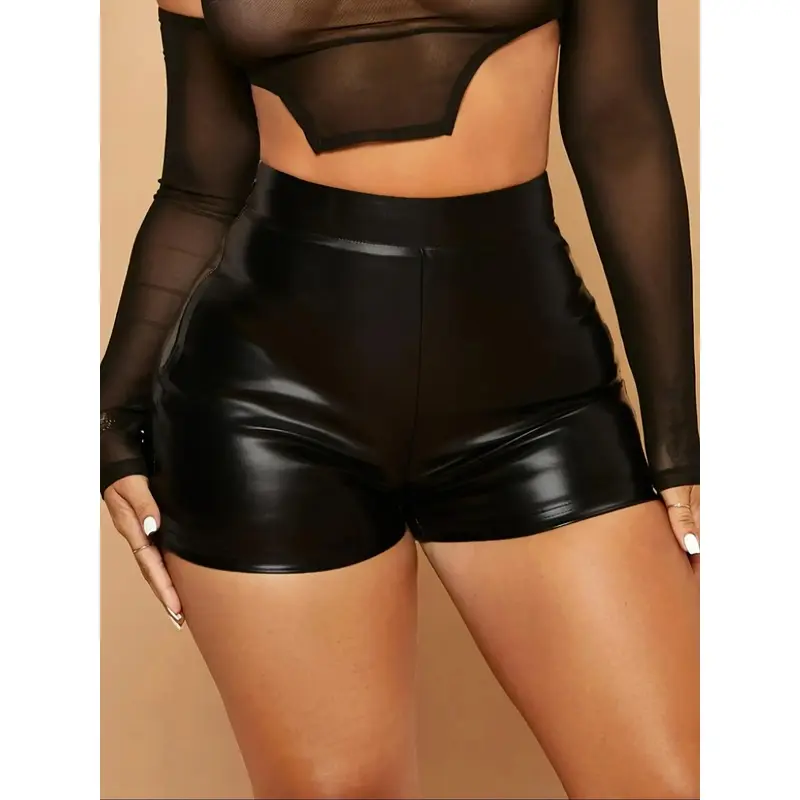 Women's Waisted PU Leather Shorts, Womenswear, Elastic Waist, Medium Stretch, Slim Fit, Y2K Style, Chic, Plain Pattern, Casual Fashion & Fall