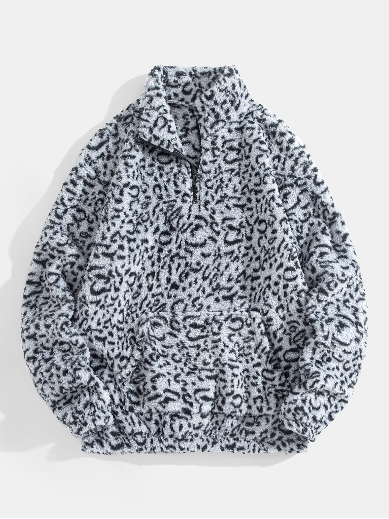 Men's Leopard Print Pocket Half Zip Plush Sweatshirt, Loose Casual Long Sleeve Drop Shoulder Fuzzy Pullover for Winter, Fashion Men's Clothes for Daily Wear, Casual Sweatshirts