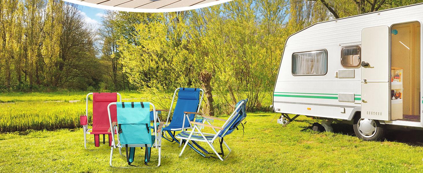 Outvita 2PCS Folding Beach Chair Adjustable Headrest w/4 Flexible Tilt Angle, Cup Holder Portable High Strength Cleanable Fabric, for Sand Camping Lawn Concert Travel Festival