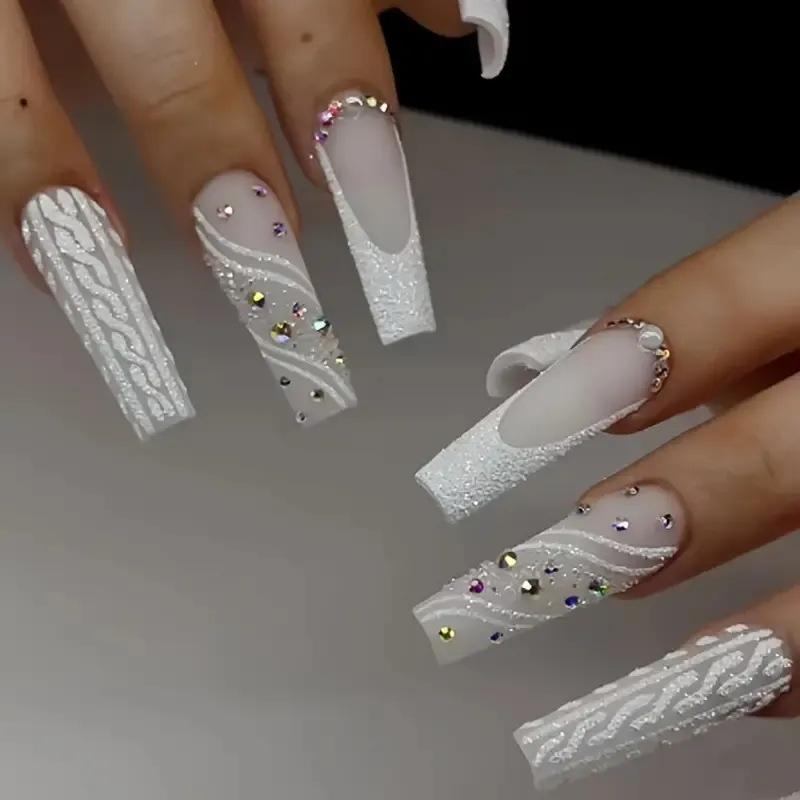 Hot-Selling 24-Piece Cross-Border Nail Stickers Collection Bowknot French Long Square Wearable Nail Tips Wholesale