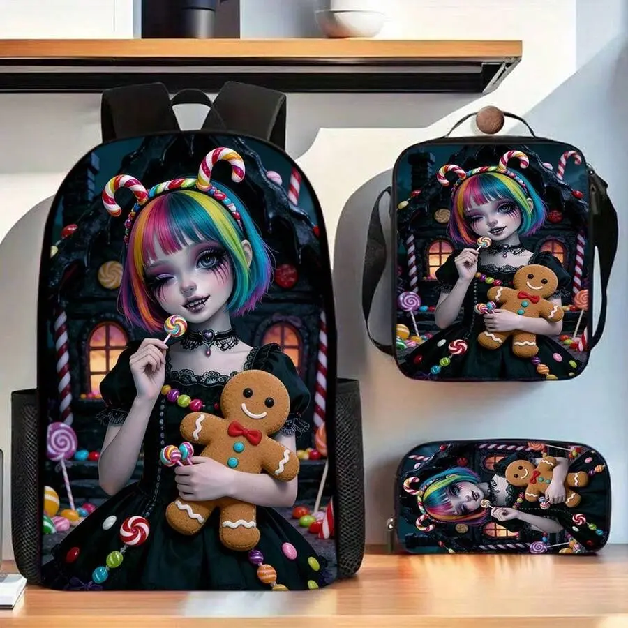 3pcs Printed Backpack Set for School - Gothic Candy Girl & Gingerbread Print, Durable Large-Capacity Bookpack, Crossbody Bag, Multi-Functional Pencil Case, Adjustable Strap, Zipper Compartments, Ideal for Winter Holidays, Backpacks For School