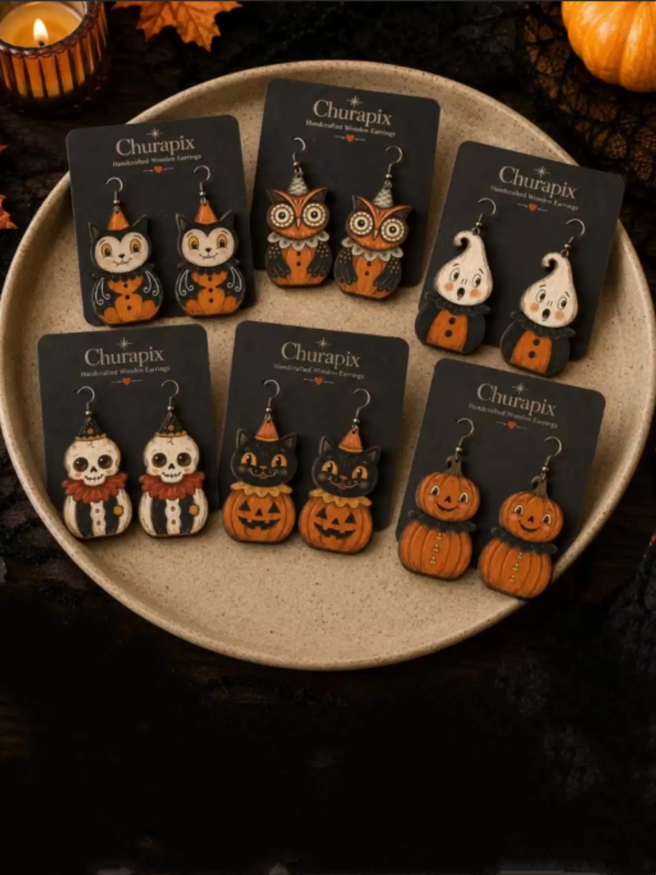 12pcs/6 Pairs Women's Churapix Wooden Halloween Earrings Set, Cute Cartoon Cat, Owl, Pumpkin, Clown Designs, Trendy Jewelry for Parties, Gifts