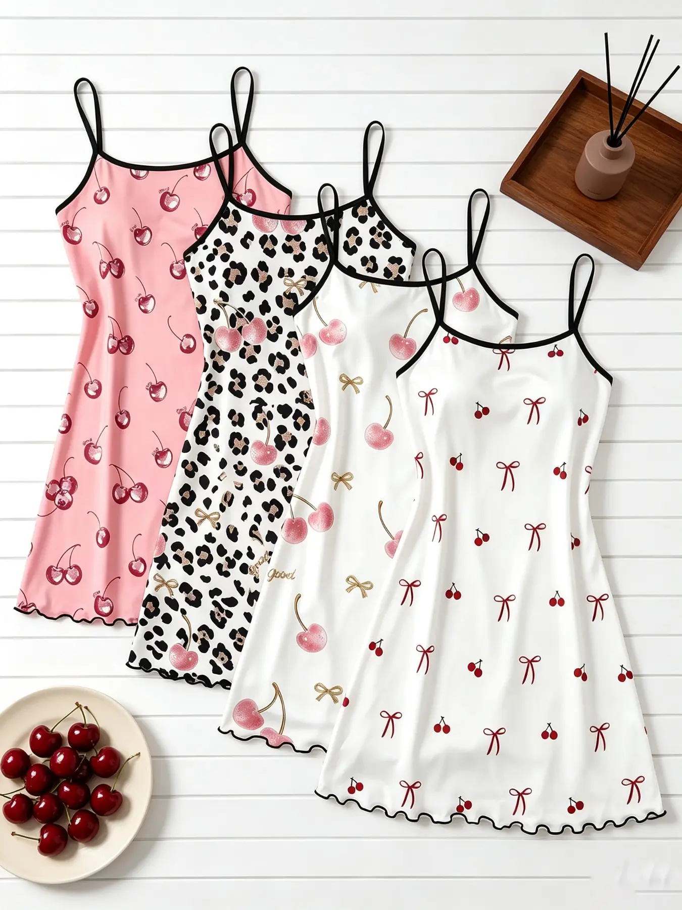 4 Pack Viral 2026 Trending Now Best Seller Women's Sleepwear Cherry Leopard Bow Print Summer Spaghetti Strap Ruffle Hem Ultra Buttery Soft Slip Dress Lightweight Comfy Breathable Casual Lounge Nightgown for Daily Wear