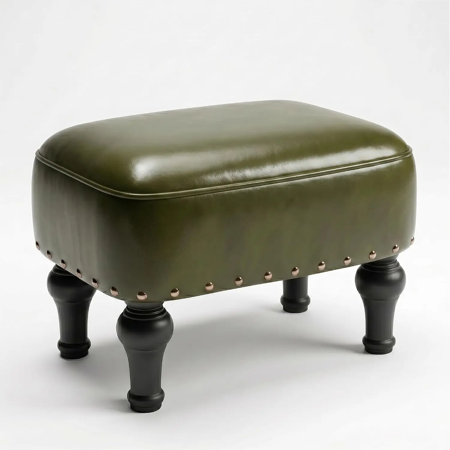Ottoman Leather Footrest, Vintage Footstool with Hidden Storage, Thickened Foam Upholstered Seat, Solid Beechwood Legs, Under Desk Shoe Bench Small Bench for Living Room Dining Room (Green)