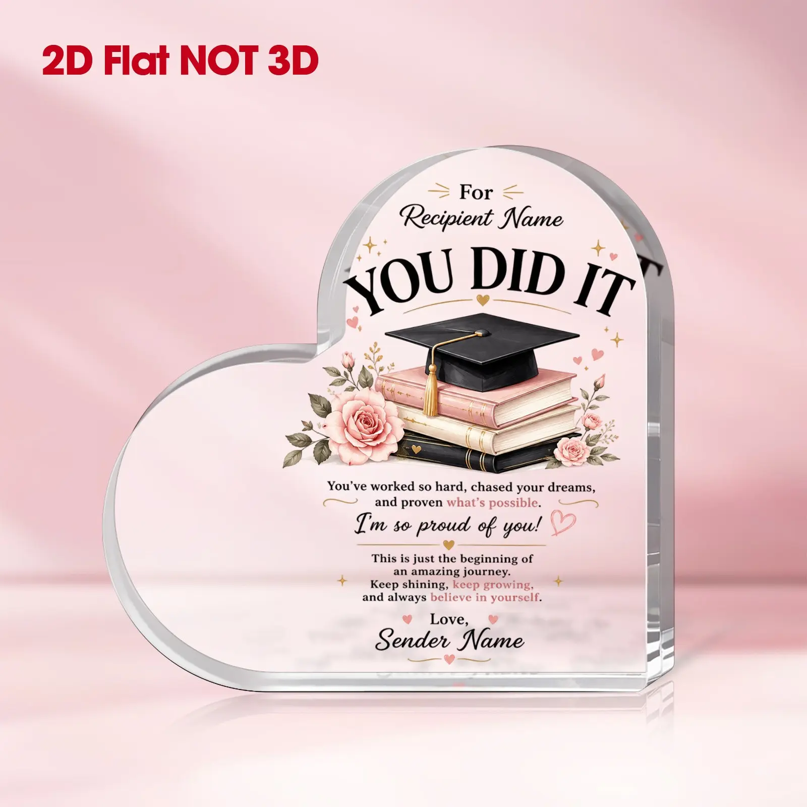 Personalized Graduation Acrylic Heart Plaque, Custom Name Inspirational Gift, University High School Senior Decoration, 2D Flat Design