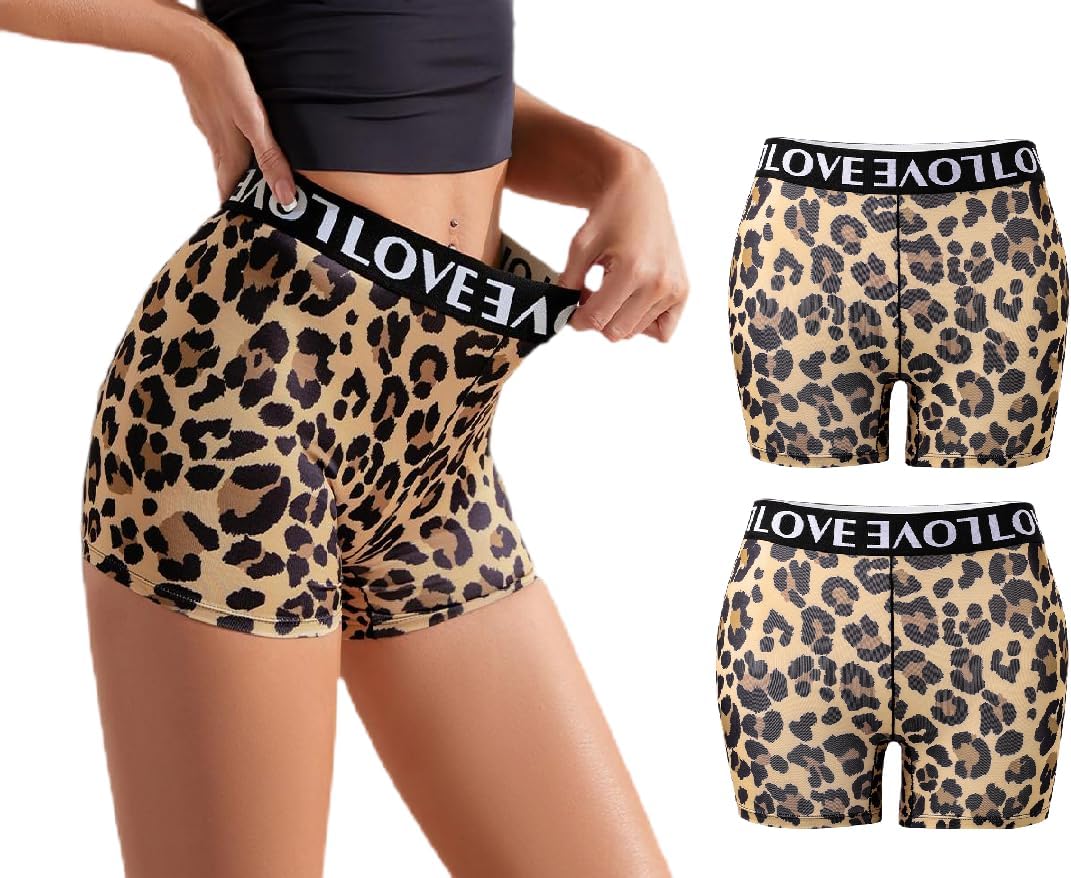 2 Pack Women's Leopard Print Boyshort Underwear Mid Rise Boxer Shorts Panties Outdoor Beach Vacation Ride Shorts