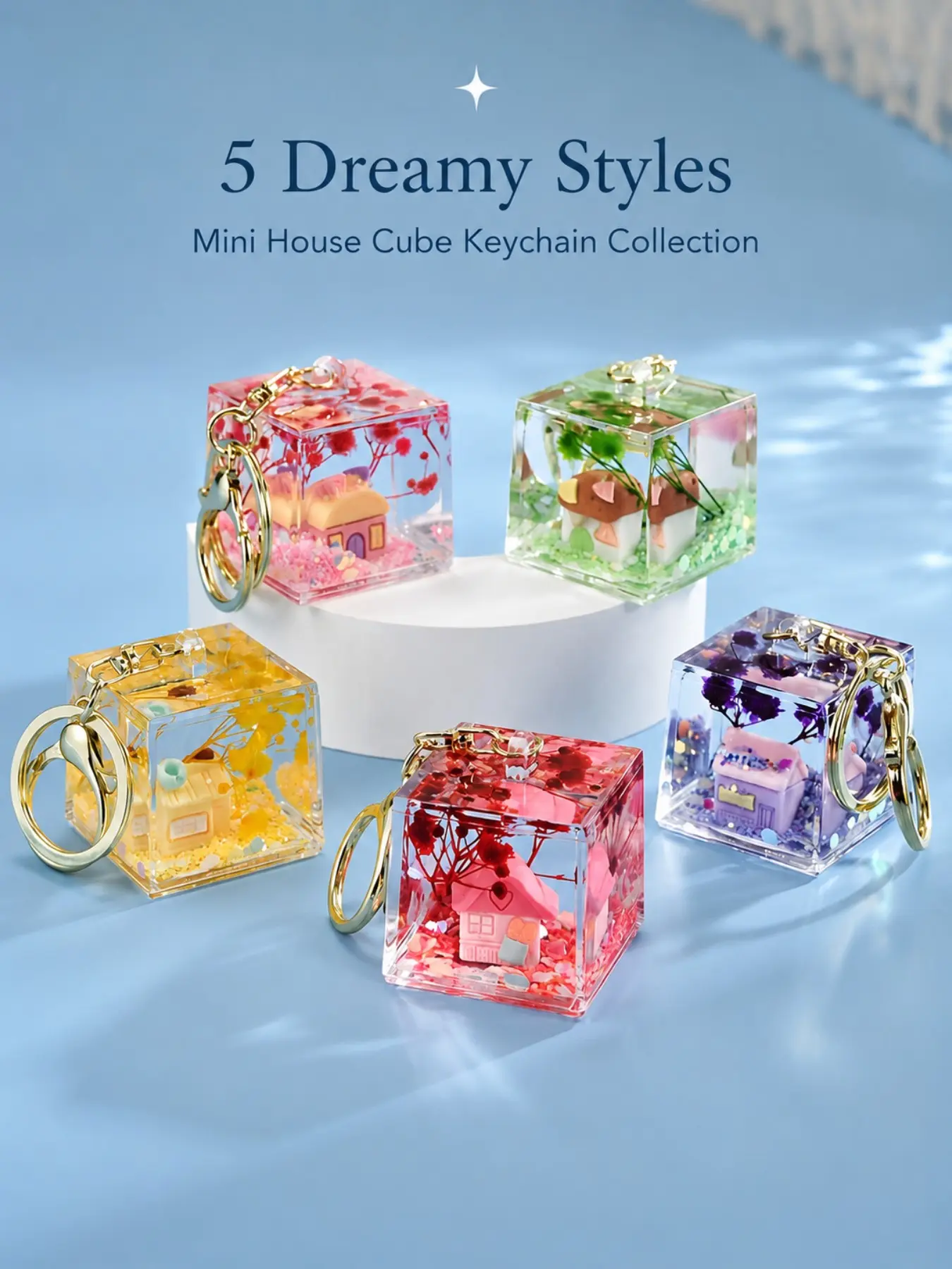 Fairycore Transparent Resin Cube Miniature House Keychain with Dried Flowers, 3D Crystal-Clear Cube Shape, Transparent Square Acrylic Cube Shell, Floating Liquid Cube Keychain with Dynamic Quicksand Effect