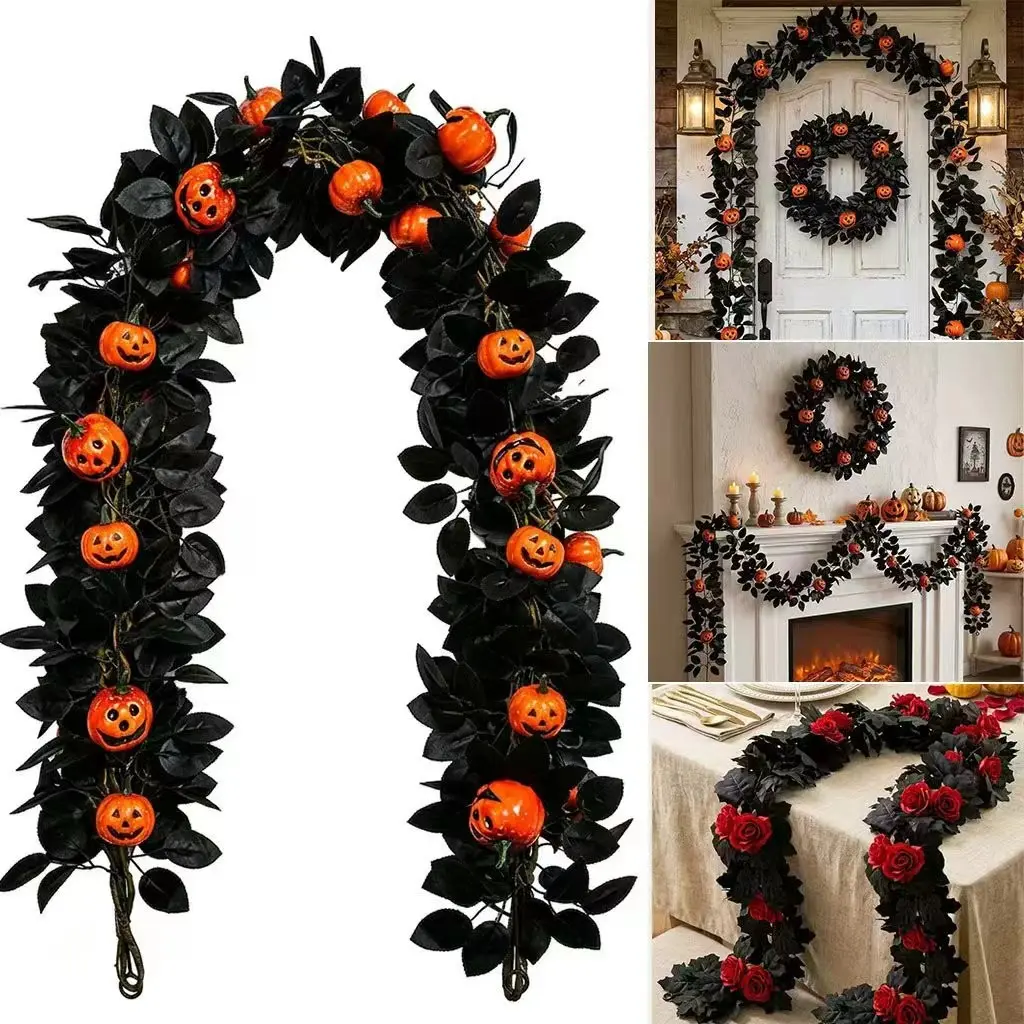 Artificial Rose Vine Halloween Hanging Wreath with Berries, Table Centerpiece, Fireplace Door Frame Decor, Halloween Decoration