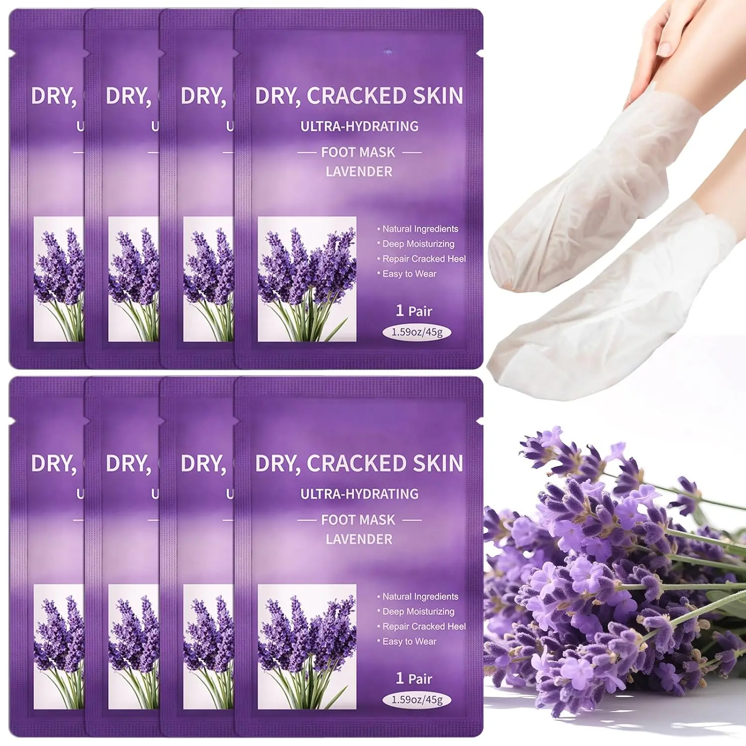 8 Pairs Moisturizing Foot Masks with Lavender Oil & Jojoba Oil, Intensely Hydrating Foot Mask for Dry Cracked Feet, Moisturizing Socks for Cracked Heel Treatment