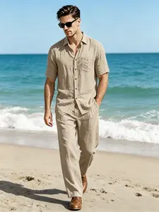 Summer Men's Breathable Short Sleeve Long Pants Set, Cool Casual Style, Beach Vacation, Two-Piece Ensemble, Trendy and Comfortable