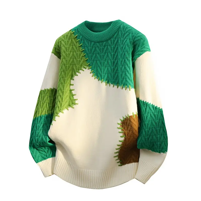 Men's American High Street Stylish Cable Knit Sweater - Menswear, Irregular Color-Blocked Patchwork, Textured, Round Neck, Drop-Shoulder, Zigzag Topstitch, Long Sleeve Autumn Winter Casual Pullover