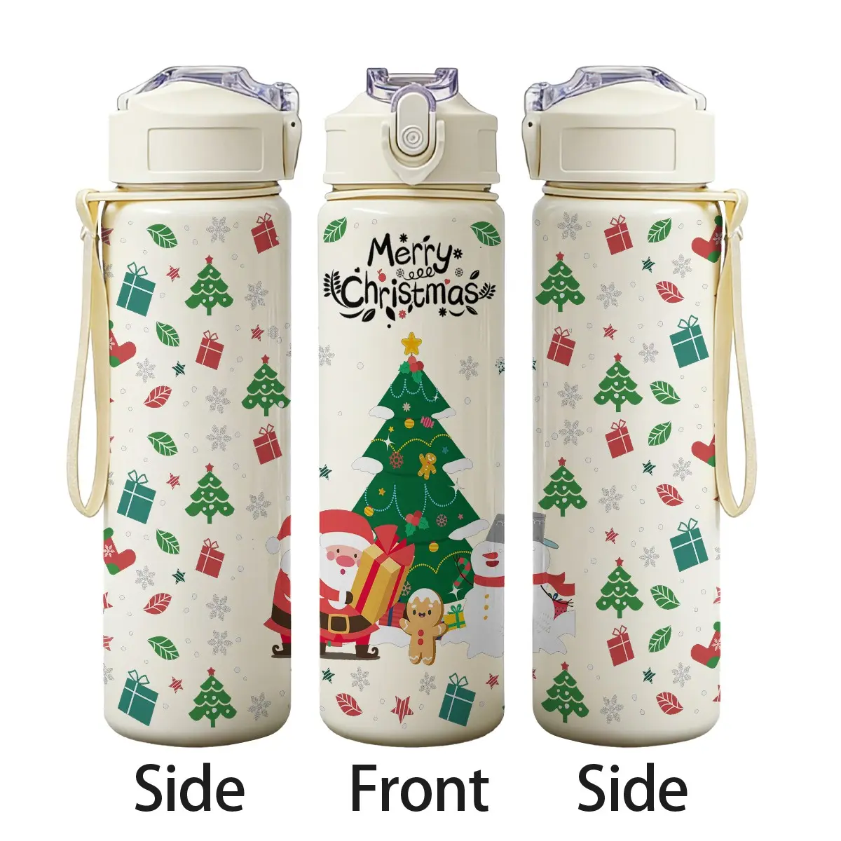 Adorable Santa Tree Snowman Print Reusable Water Cup, 25oz Durable Plastic, Leak-Proof Lockable Wide Mouth, Office School Gift