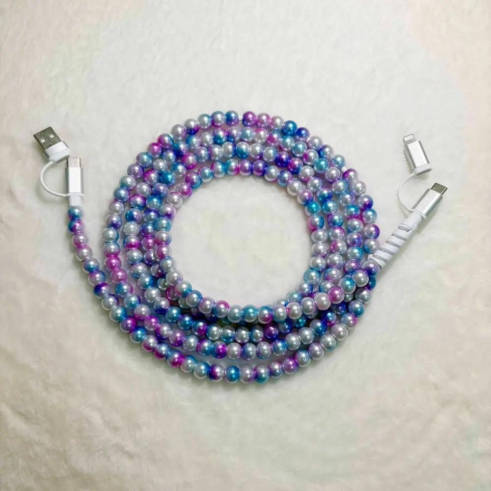 Pearl-Decorated Charging Cable - Compatible with all devices USB-C and Lightning interfaces 4-in-1 data cable, 5.9 feet in length, ideal for women for charging, available in multiple colors, Holiday gifts, Lightning Cables, Beaded Charging Cords
