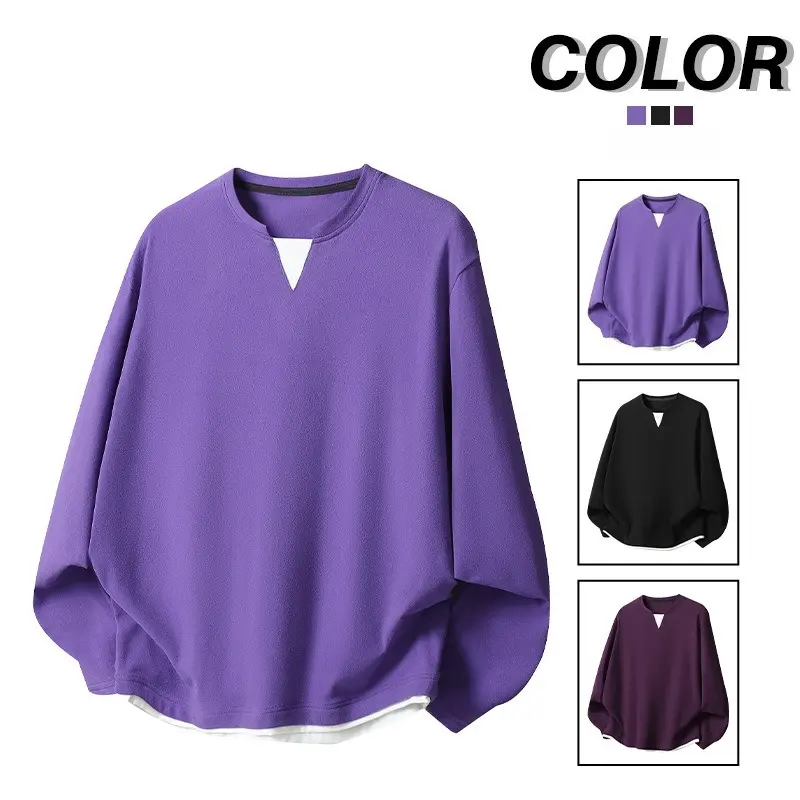 Trendy Mock Layered Pullover For Men Purple Oversized Long Sleeve Top Essential Casual Streetwear Cozy Fall Winter Shirt Relaxed Fit Retro Aesthetic Korean Style Outfit Must Have For Teen Boys And Young Men Perfect Christmas Present Soft Breathable Daily