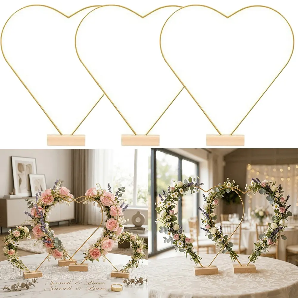 3pcs Set, Including Heart-Shaped Metal Ring And Wooden Base, 9.84 inch Metal Wreath Center Decoration, Heart-Shaped Wreath Stand, Golden Metal Lace Wreath, Suitable for Wedding Decorations, Wall Hanging Crafts, Centerpieces For Wedding Reception