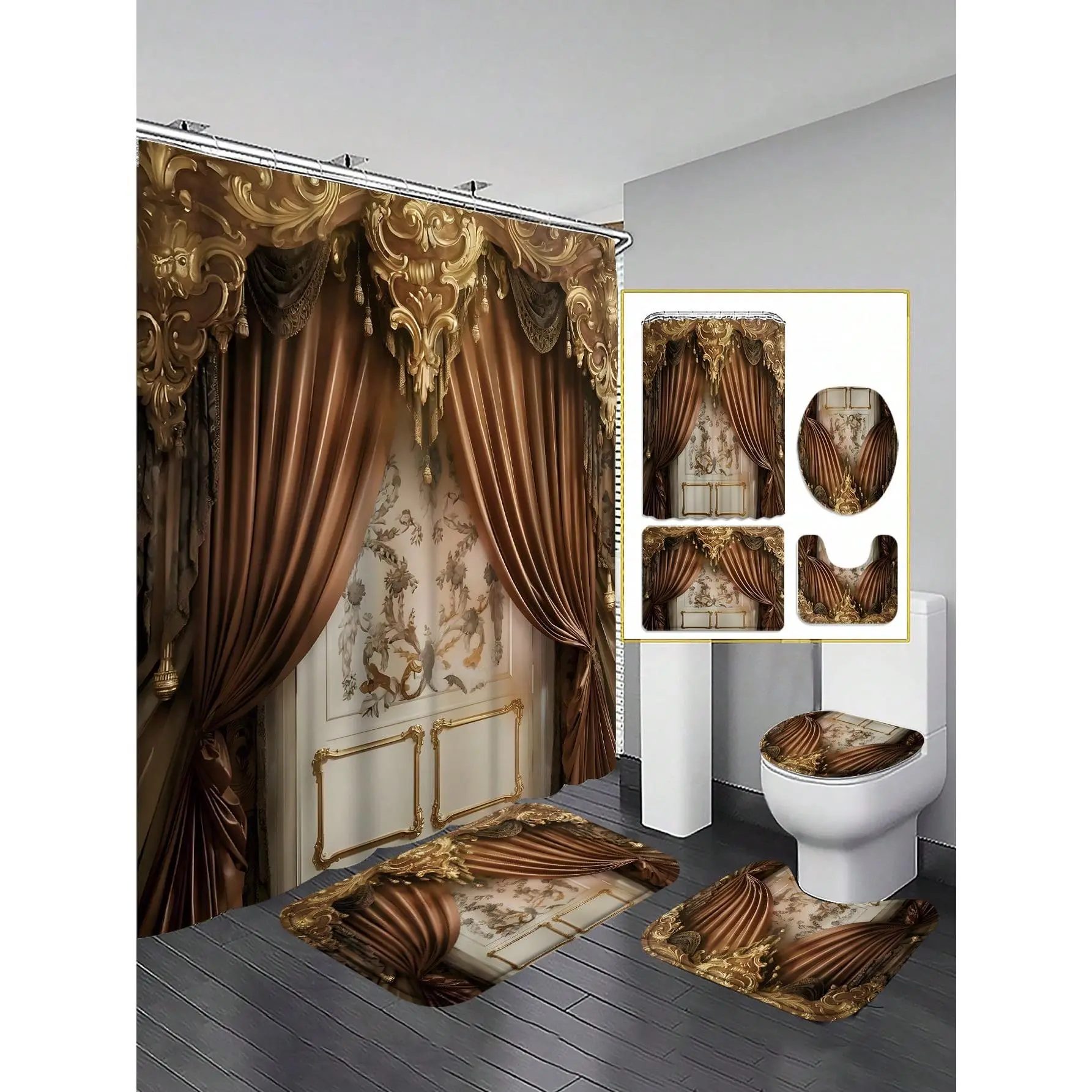 A 4-piece set of amber-colored, luxurious, rhythmic pleated shower curtain set. The set includes: a waterproof shower curtain for the bathtub, a waterproof bathroom partition curtain, a non-slip bathroom mat, a U-shaped toilet seat pad, and a toilet seat
