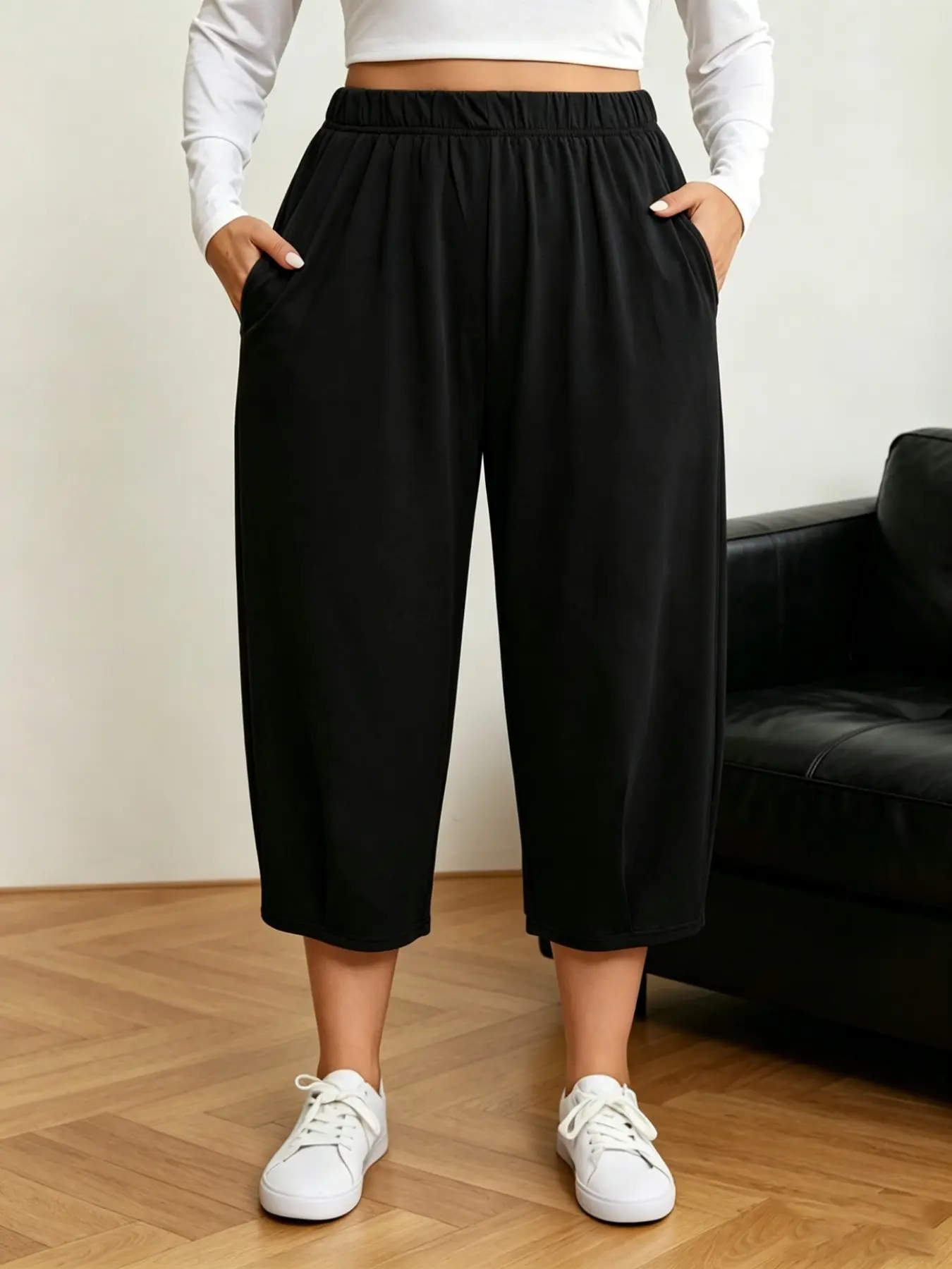 Women's Plus Size Loose Fit Baggy Wide Leg Pants with Pockets, Casual Seven-Quarter Lantern Pants for Summer Gym Outdoor Daily Commute