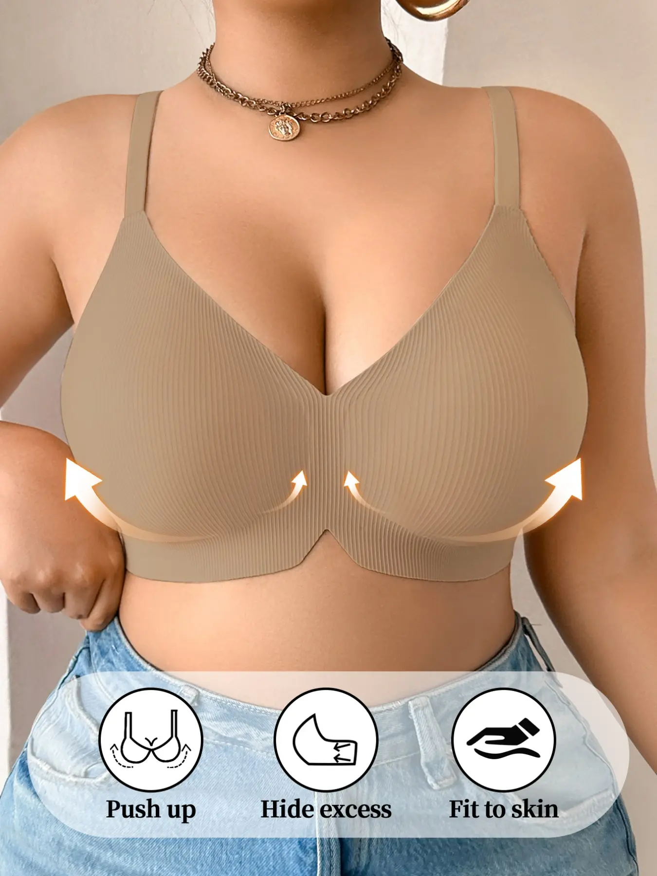 Women's Plus Size Curvy Seamless Bra, Comfortable Push-Up Underwire-Free Lingerie, Deep V Backless Sexy Bra, Adjustable Straps, Four-Button Closure