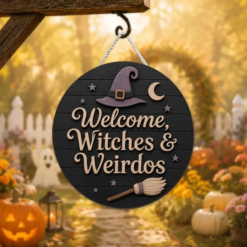 Halloween Round Aluminum Metal Wall Sign - Welcome Witches and Weirdos, Witch Hat Decor, Whimsical Home Decor, Round Shape Spooky Front Door Sign