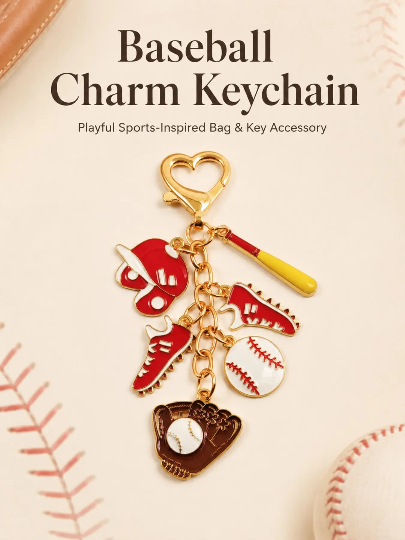 Sporty casual Enamel Baseball Gear Charm Bag Pendants with Heart Carabiner Keychain Bag Charm Two team color options for sports fans matching  baseball fan gift  Baseball glove charm Mini baseball helmet Boys backpack charms