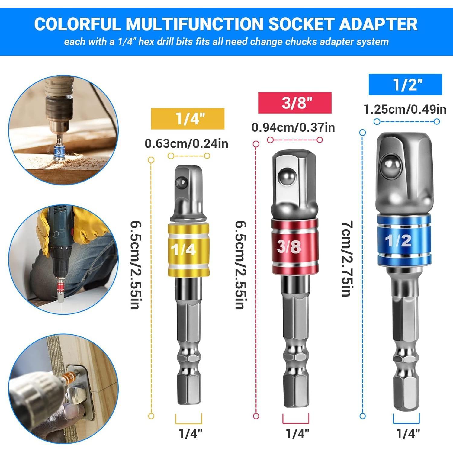 32 count Flexible Drill Bit Extension Set, Rotatable Joint Socket 1/4 3/8 1/2 Inch Hex Socket Adapter, 105Right Angle Drill Attachmen, Bendable Drill Bit Extension  Kit with a Box (Silvery)