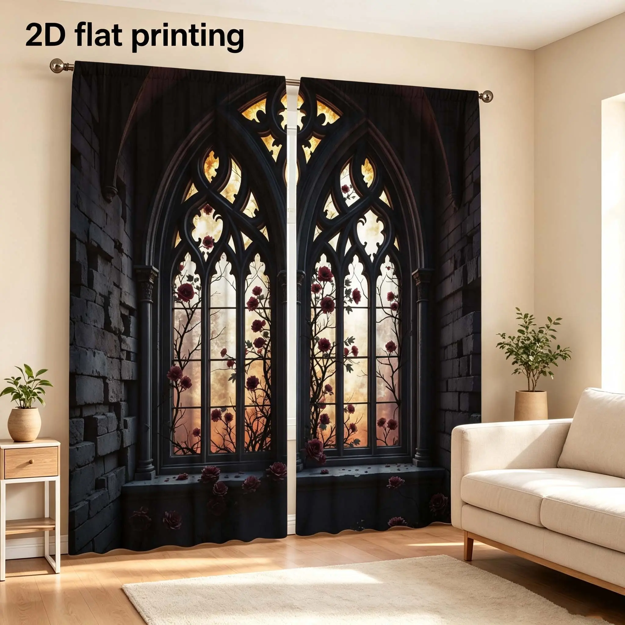 Colorful glass Gothic window digital printed curtains, semi blackout polyester material curtains, 2-piece set of bedroom, living room, dining room universal curtains, Home Decoration Curtain, Home Decorative Curtain
