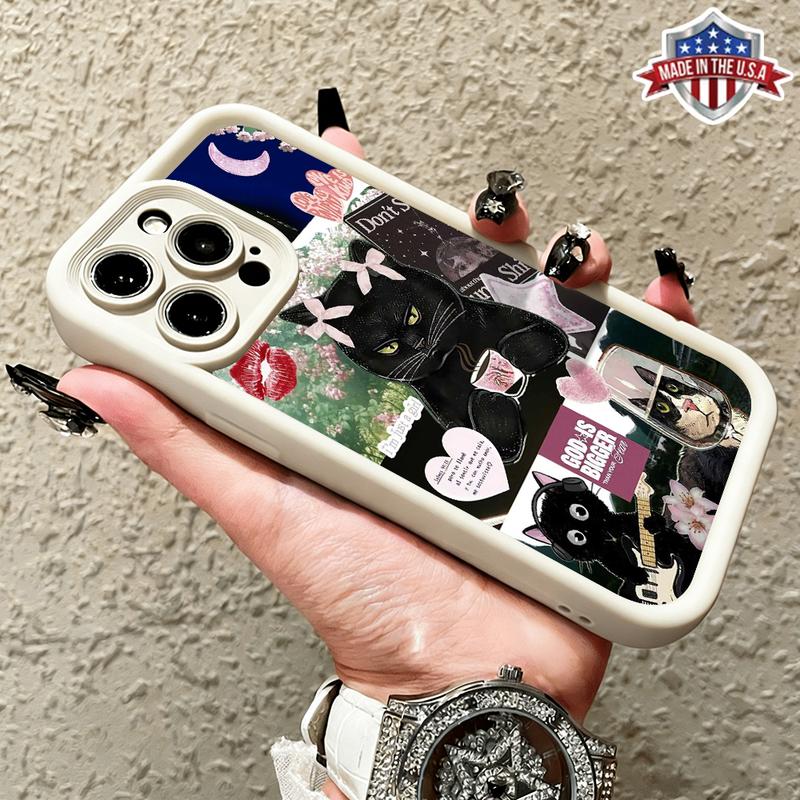 Cute Funny Black Cat Aesthetic Collage Pattern Case for iPhone 17 Pro Max 16 15 14 13 12 11 XR XS Plus Air Slim Shockproof Anti Drop Protective Lightweight TPU Cover