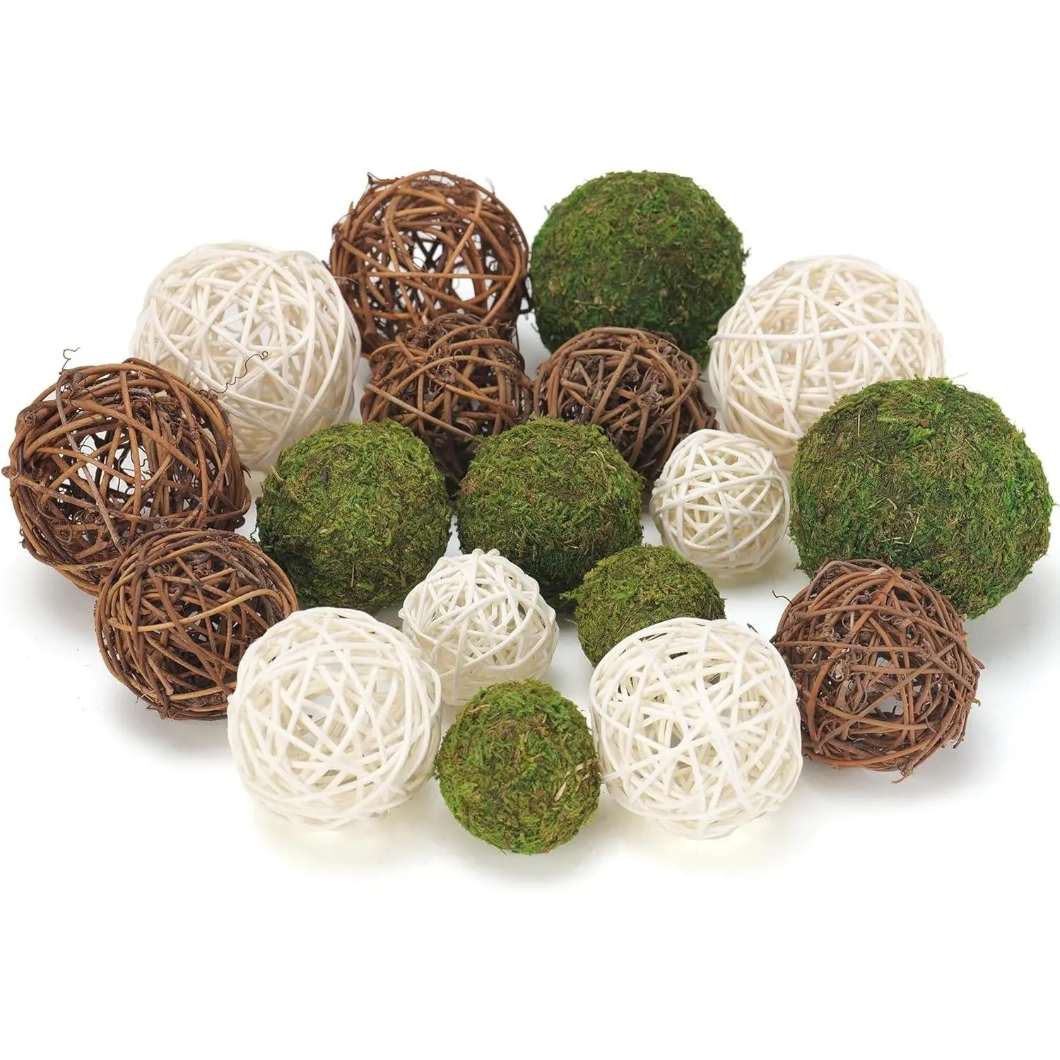18Pcs Decorative Balls for Centerpiece Bowl - 6Pcs Fake Moss Balls + 12Pcs Rattan Wicker Balls, Artificial Moss Decorative Balls Vase Fillers for Home Garden Wedding Party Decor (Rustic)