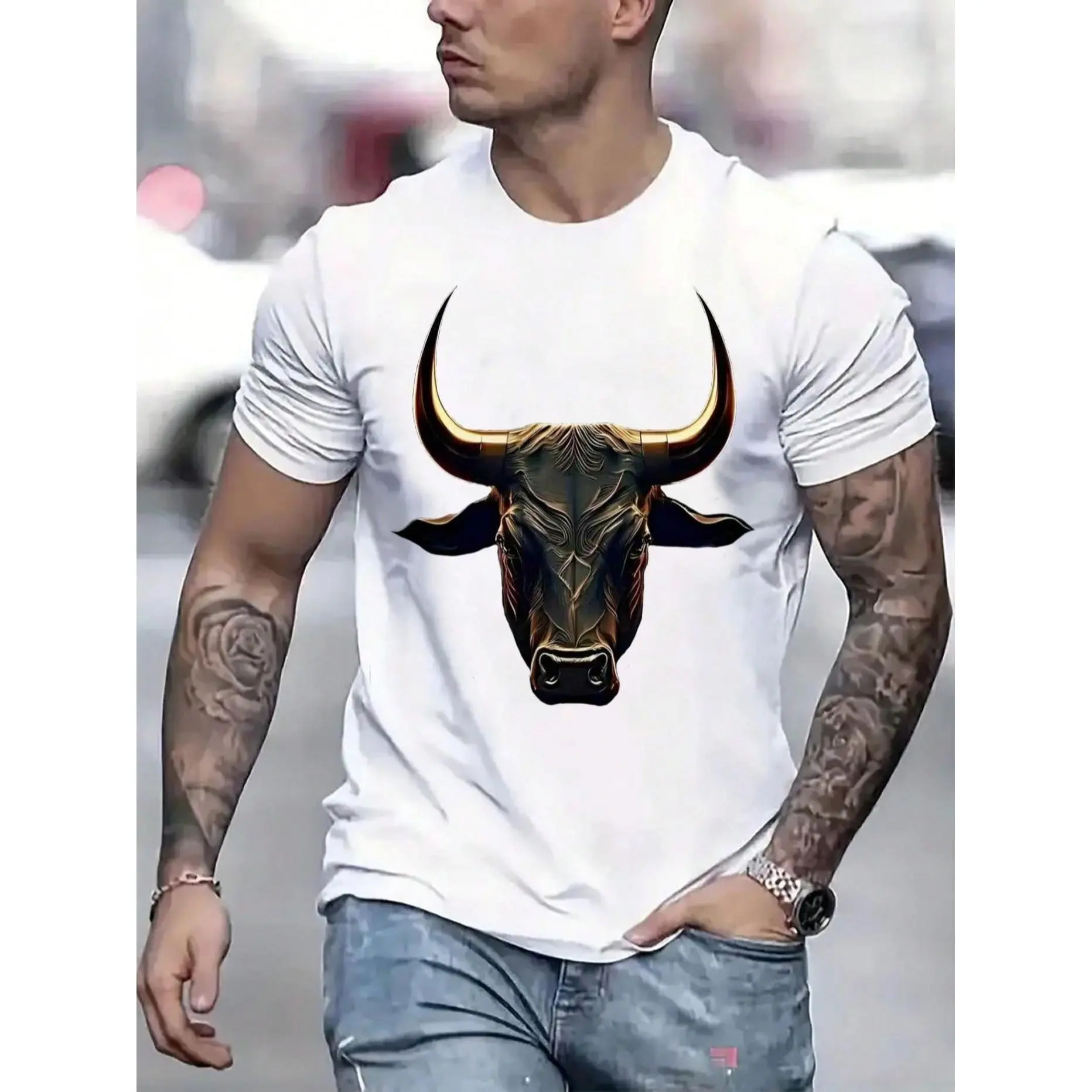 Streetwear Golden Bull Graphic T-Shirt, Unisex 100% Cotton Shortsleeve Top for Casual Athletic Wear, Taurus Zodiac Animal Art Gift, Breathable, Denim, Classic, Soft, Gym
