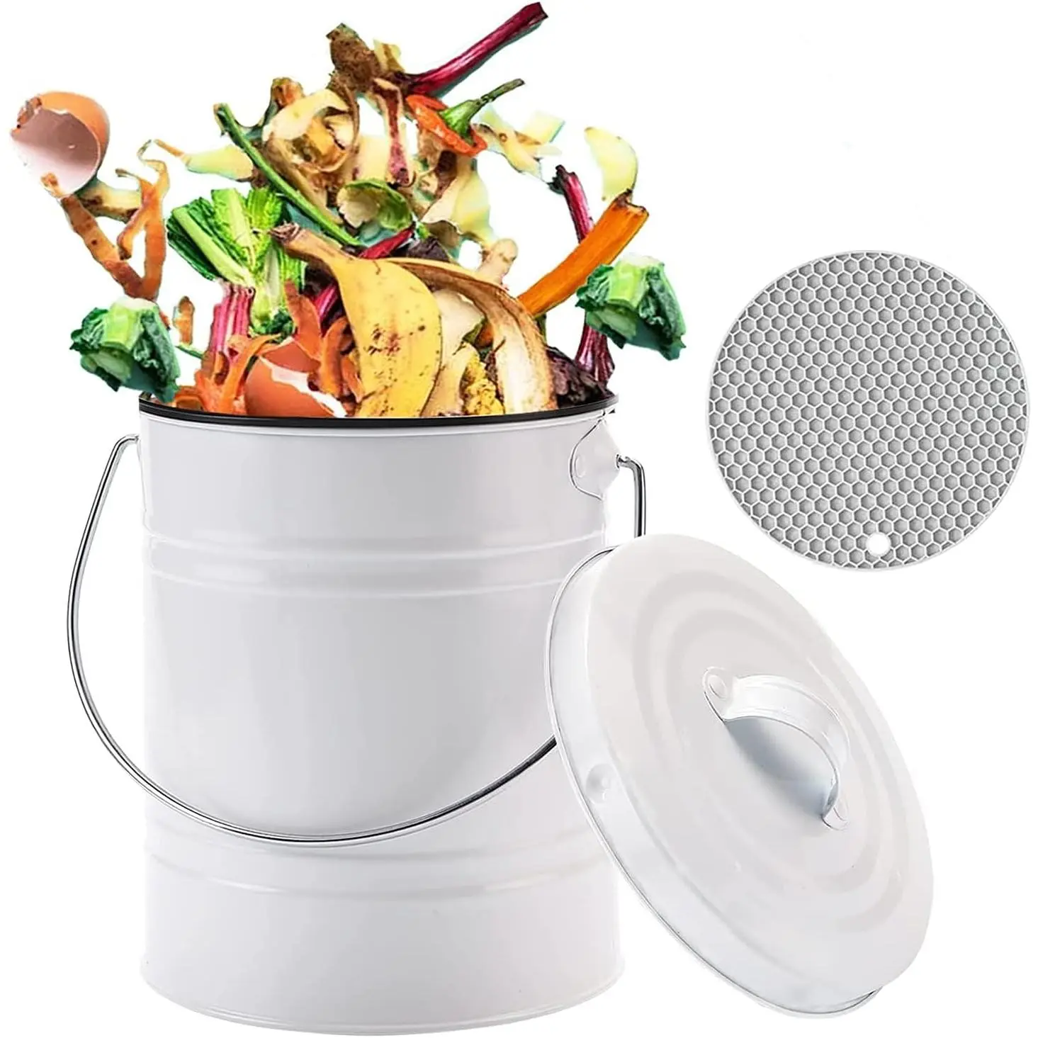 Compost Bin for Kitchen Counter, Small Metal Indoor Kitchen Sealed Compost Bin with Lid for Food Waste, Countertop Composter Container, White, 1 Gallon