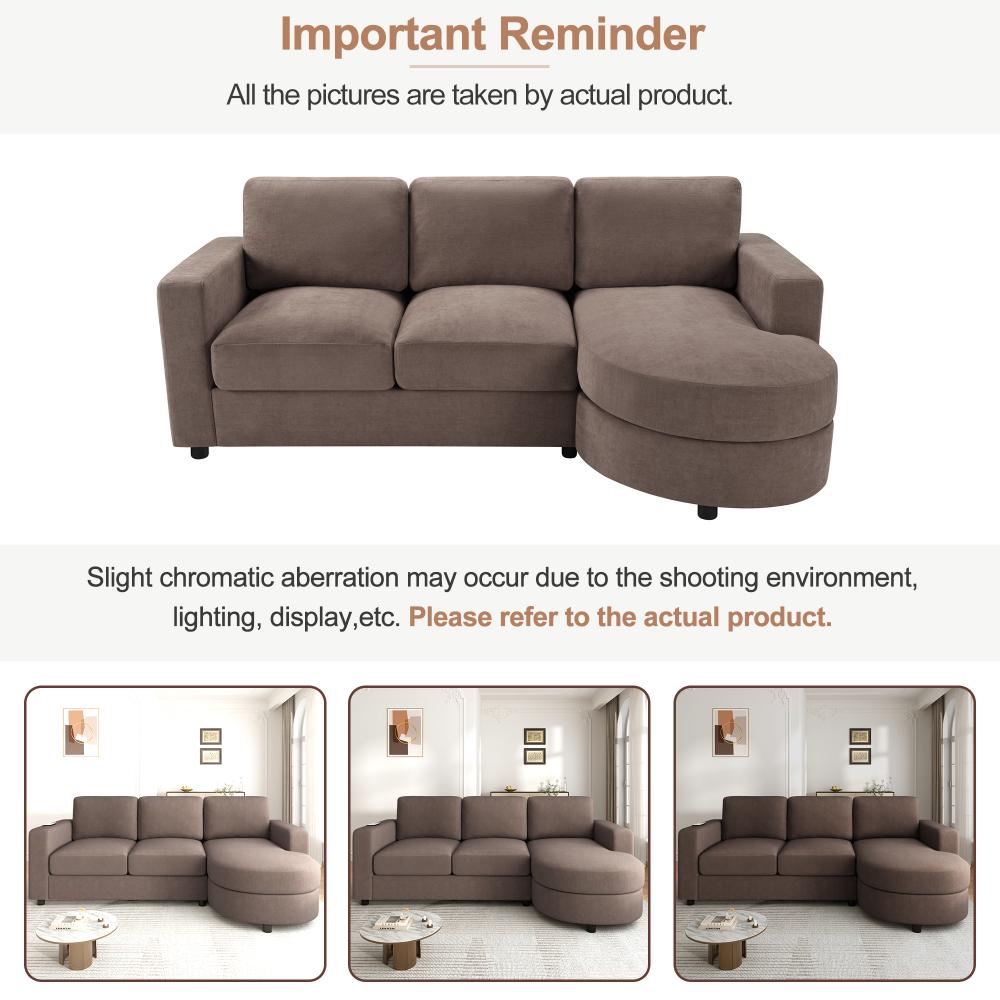 84.6" L-shaped Modern Sectional furniture Sofa Couch with a Curved Chaise Lounge, USB Ports and Side Storage Pockets for Living Room, Brown