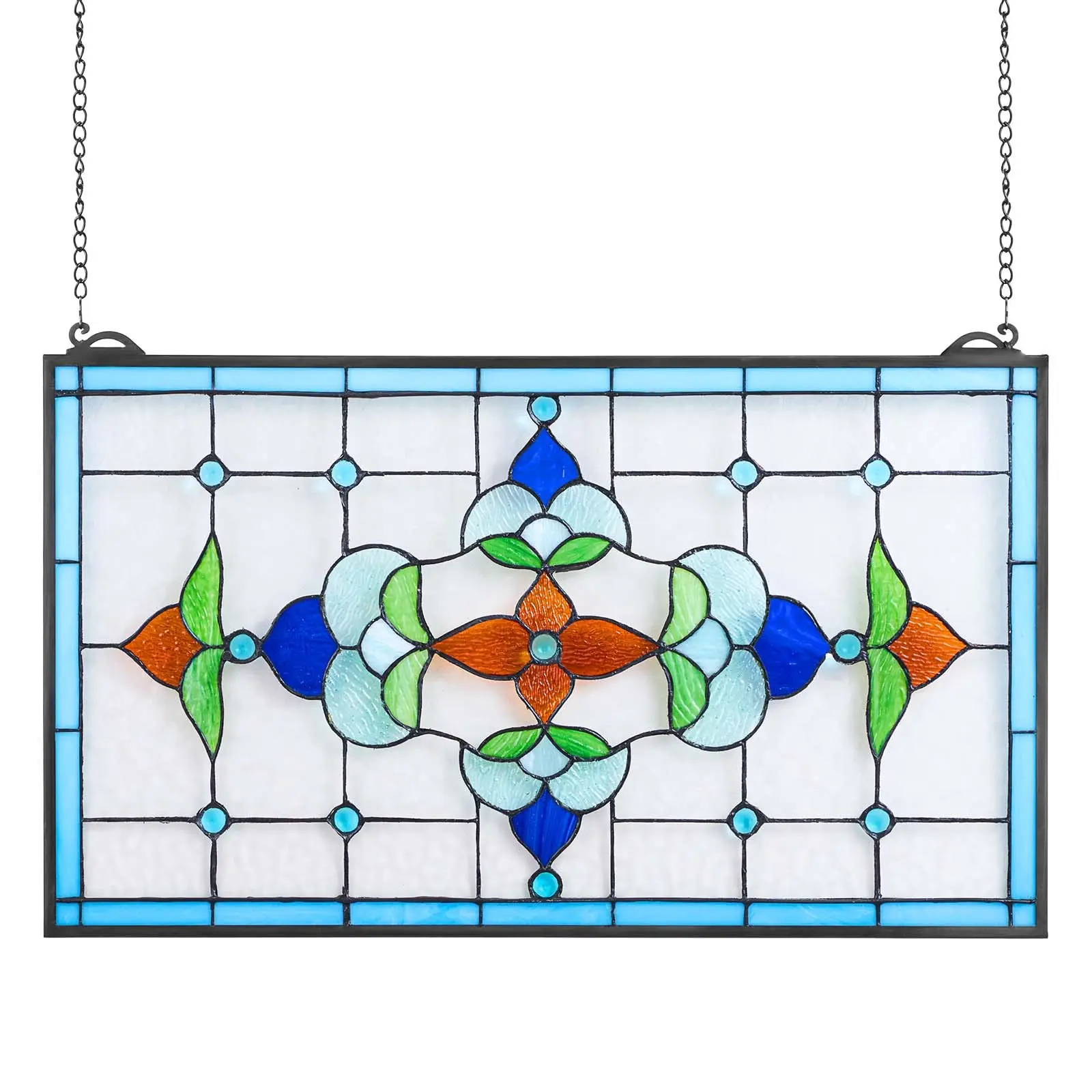 VEVOR Stained Glass Window Panel, 26x 16 in, Tiffany Style Hanging Transom Window Panel with Chain, Large Horizontal Rectangle Stain Glass, Vintage Traditional Art Handcrafts for Kitchen Home Decor