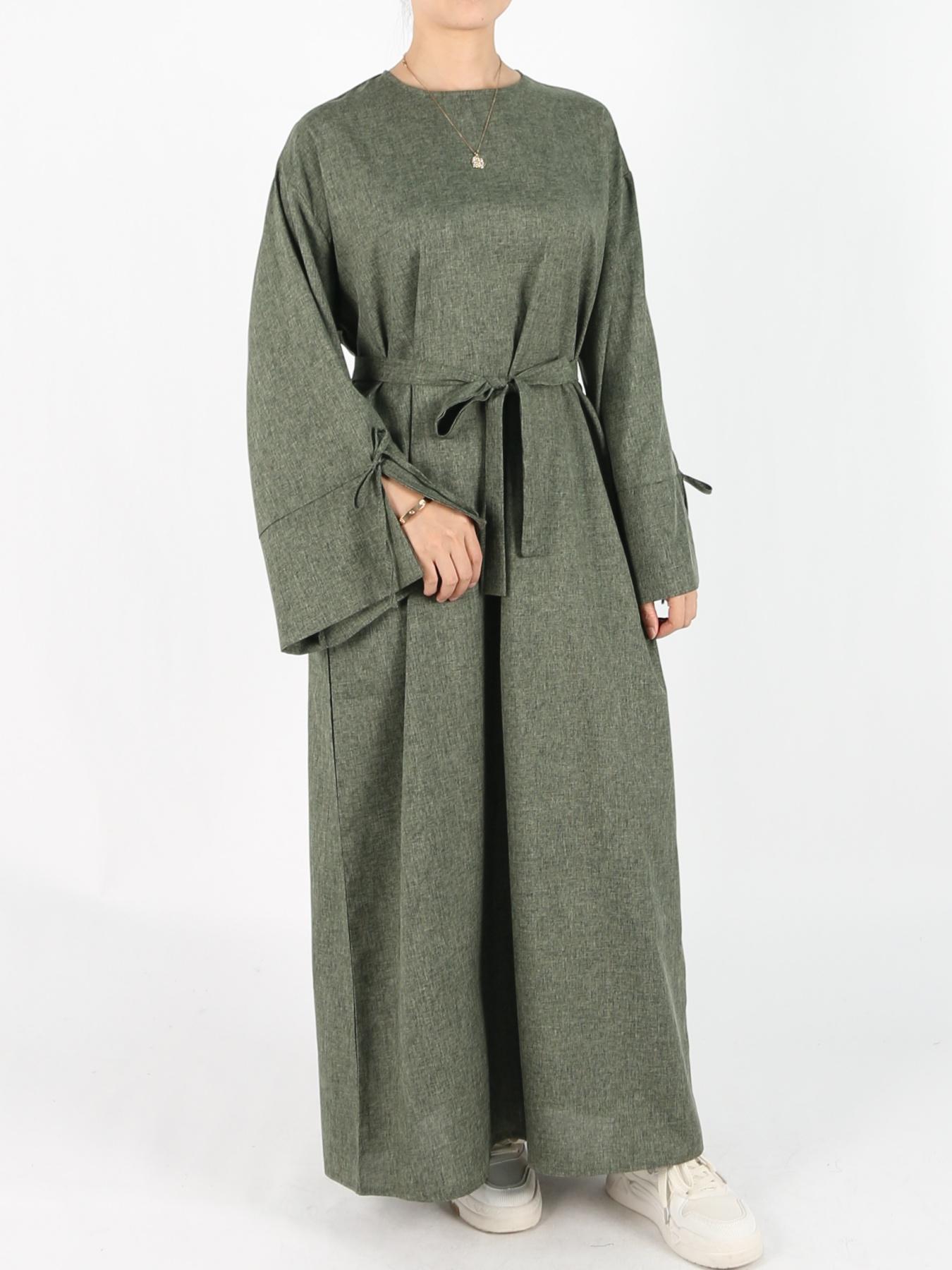 Women's Solid Belted Long Sleeve Muslim Dress, Casual Elegant Modesty Round Neck Dress for Daily Wear, Ladies Abaya Islamic Clothing for All Seasons, Dresses for Women, Solid Color Abaya, Abaya Dress Set, Abayas for Eid, Tunic Dress, Classy Modest Dresses