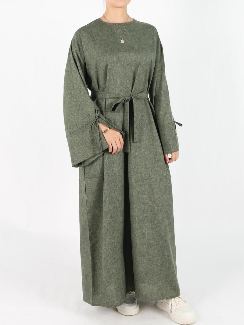 Women's Solid Belted Long Sleeve Muslim Dress, Casual Elegant Modesty Round Neck Dress for Daily Wear, Ladies Abaya Islamic Clothing for All Seasons, Dresses for Women, Solid Color Abaya, Abaya Dress Set, Abayas for Eid, Tunic Dress, Maxidresses