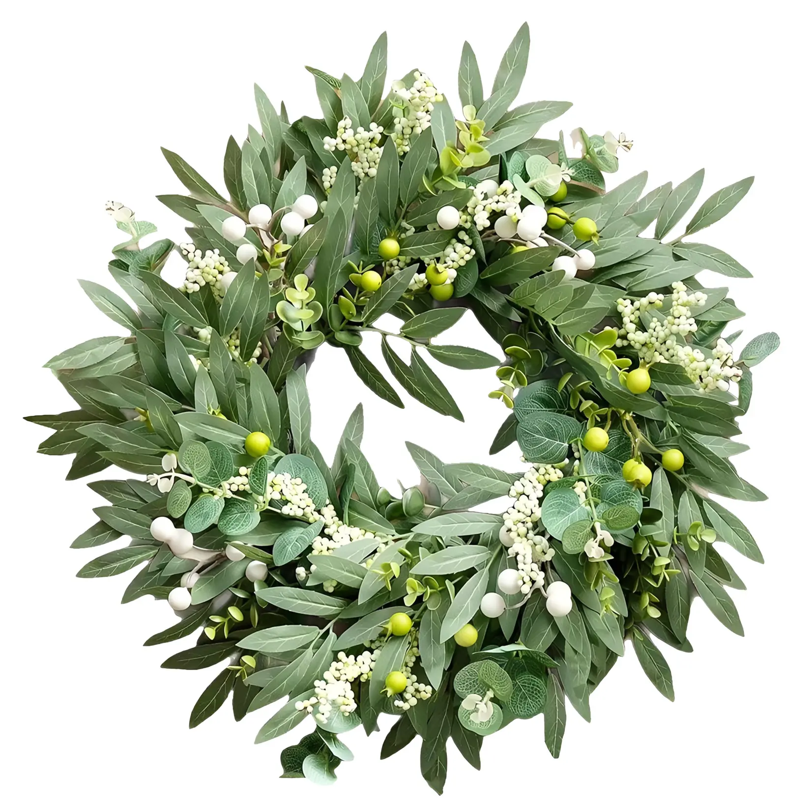 20-Inch Green Eucalyptus Wreath with Olive Leaves & Mixed Berries, Cloth-Wrapped Boxes Included, Farmhouse Front Door Decoration for Indoor-Outdoor Porch Wall Wedding Festive Use