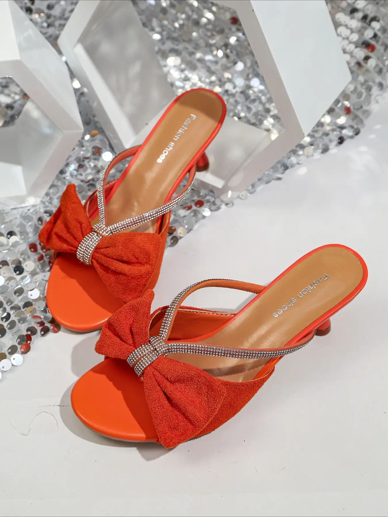 1 Pair Bright Orange Suede Bow Rhinestone Strap Kitten Heel Mules, Open Toe Slip-On High Heel Slides, Vibrant Elegant Shoes for Women Date, Party & Banquet, Footwear