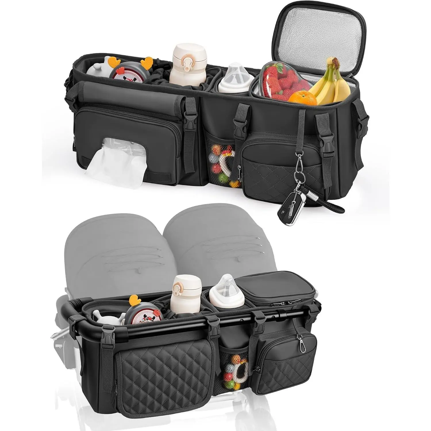 Double Stroller Organizer Bag for Bob Duallie and Baby Jogger City Mini Gt2, Double Stroller Caddy Organizer with Cup Holder, Parent Console Stroller Accessories with Cooler Pockets