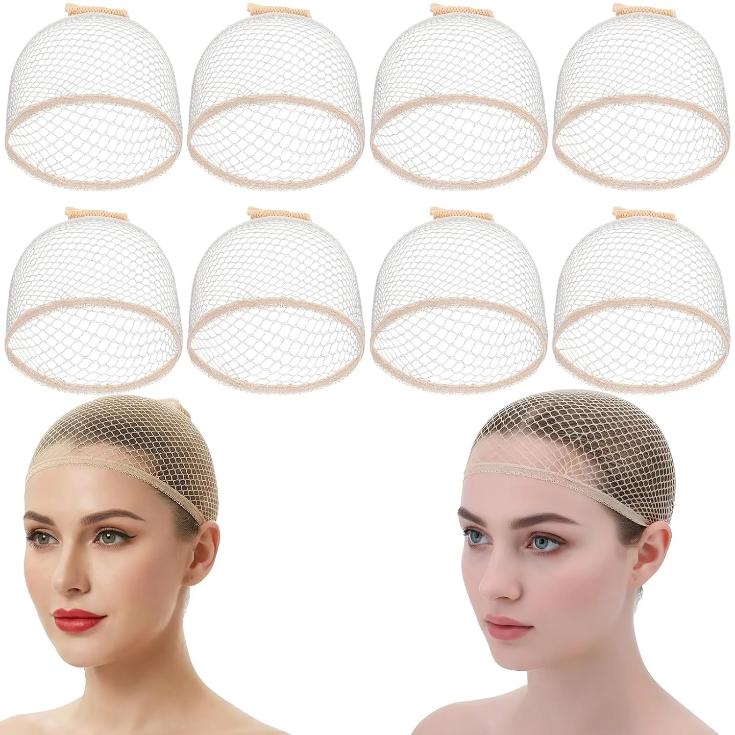 8 count Weaving Wig Caps For Women Long Short Hair Open-End Mesh Hair Net for Wig, Non Slip Stretchy Nylon Stocking Caps for Wigs Christmas Carnival  Party (Beige)