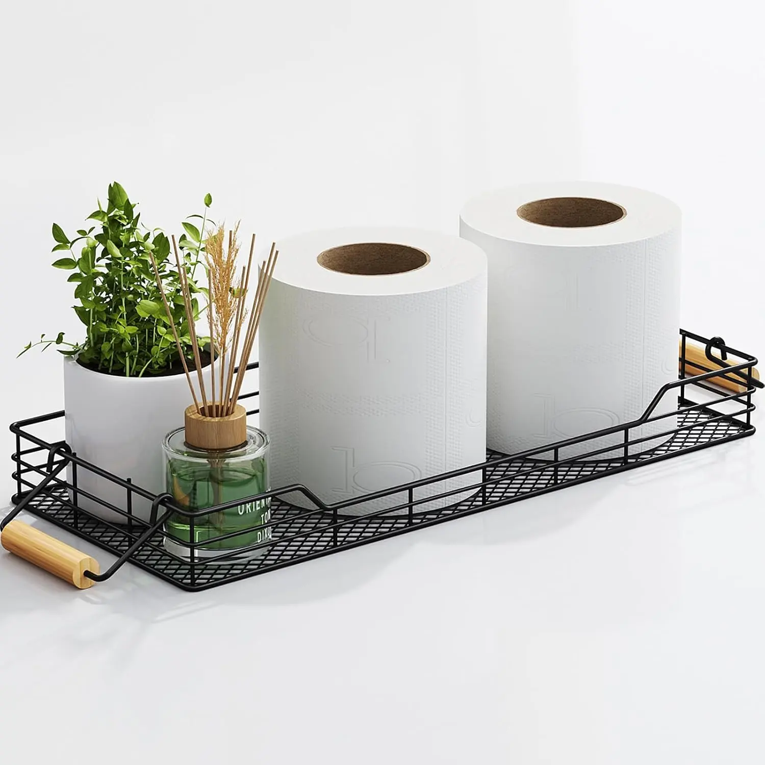 Metal Toilet Paper Basket Storage, Bathroom Toilet  Tray with Handle |  of Toilet Roll Basket, Kitchen Counter Decor,  Handle, Black