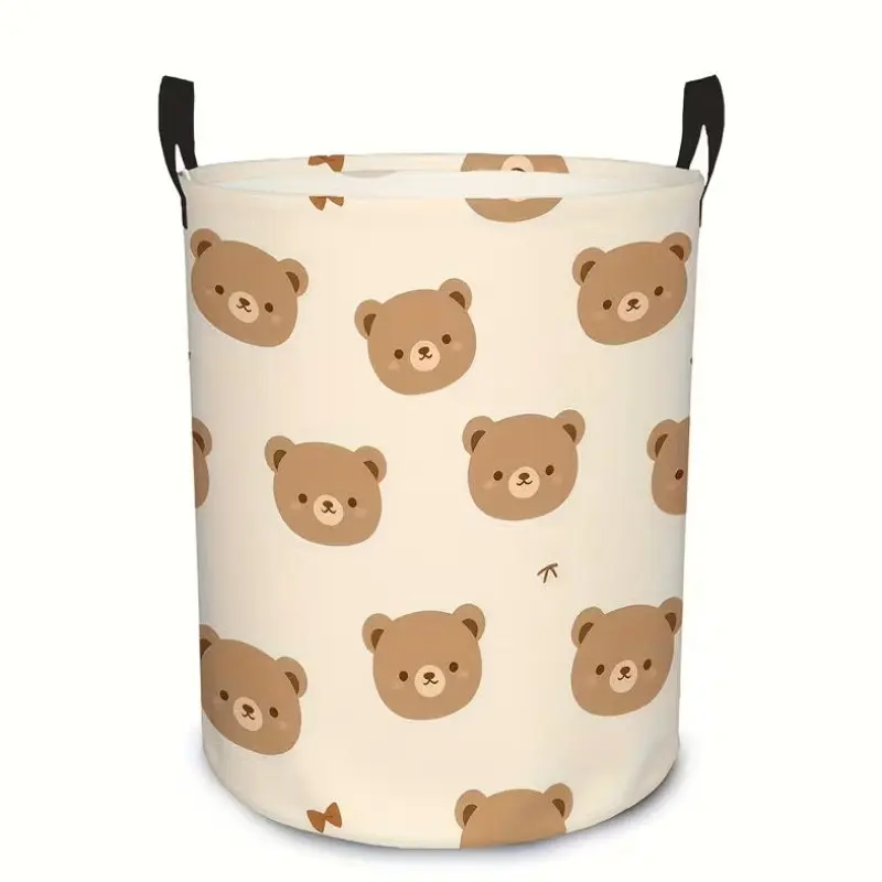 1pc Cute Bear Kawaii Foldable Laundry Basket with Bear Print - Large Round Suitable for, Travel & Storage, Canvas Hamper with Sturdy Handle for Room Organization, Accessories