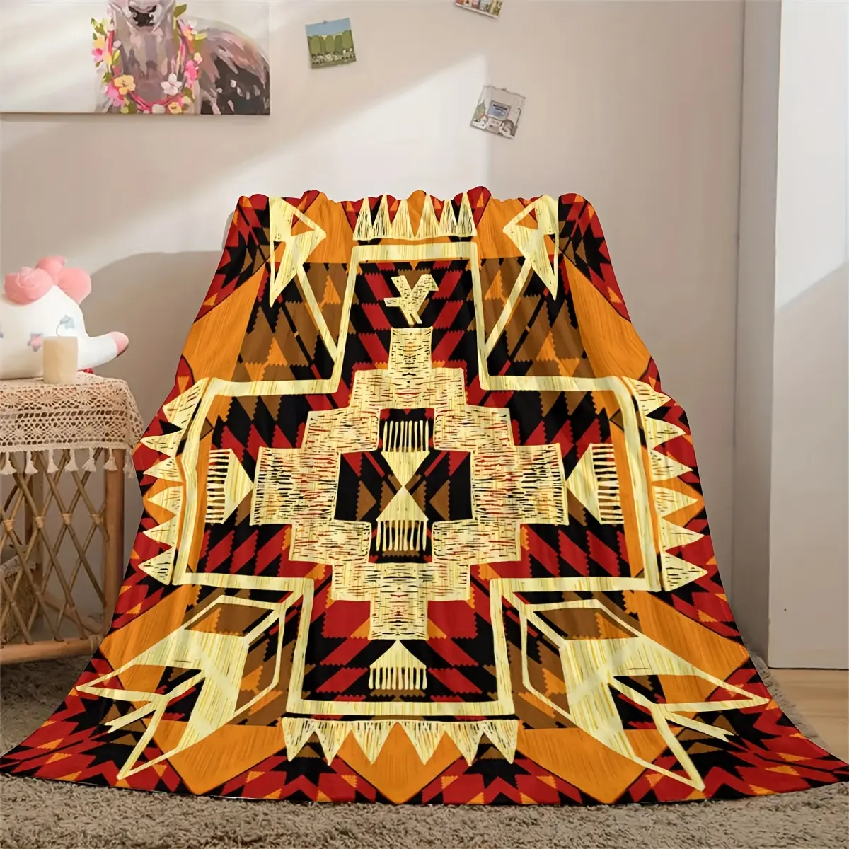 Southwest Navajo Tribal Geometric Aztec Warm Red Orange Print Soft Comfortable  Throw Blanket Warm Cozy Couch Bedroom Nap Home Blanket Native American Rustic Cabin Western Farmhouse Desert Theme Birthday Holiday Giftable  Warm Throw Blanket