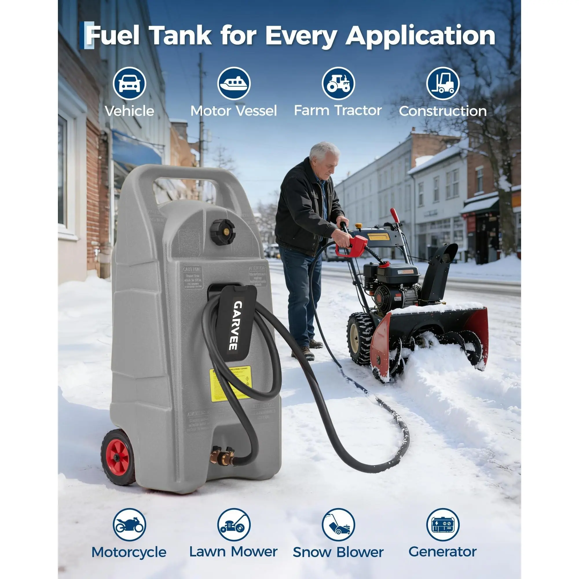 Slim 15 Gallon Gas Can with Manual Siphon Pump, Portable Diesel Fuel Storage Caddy with Wheels for ATV, Boat, Tractor, Snow Blower & Generator